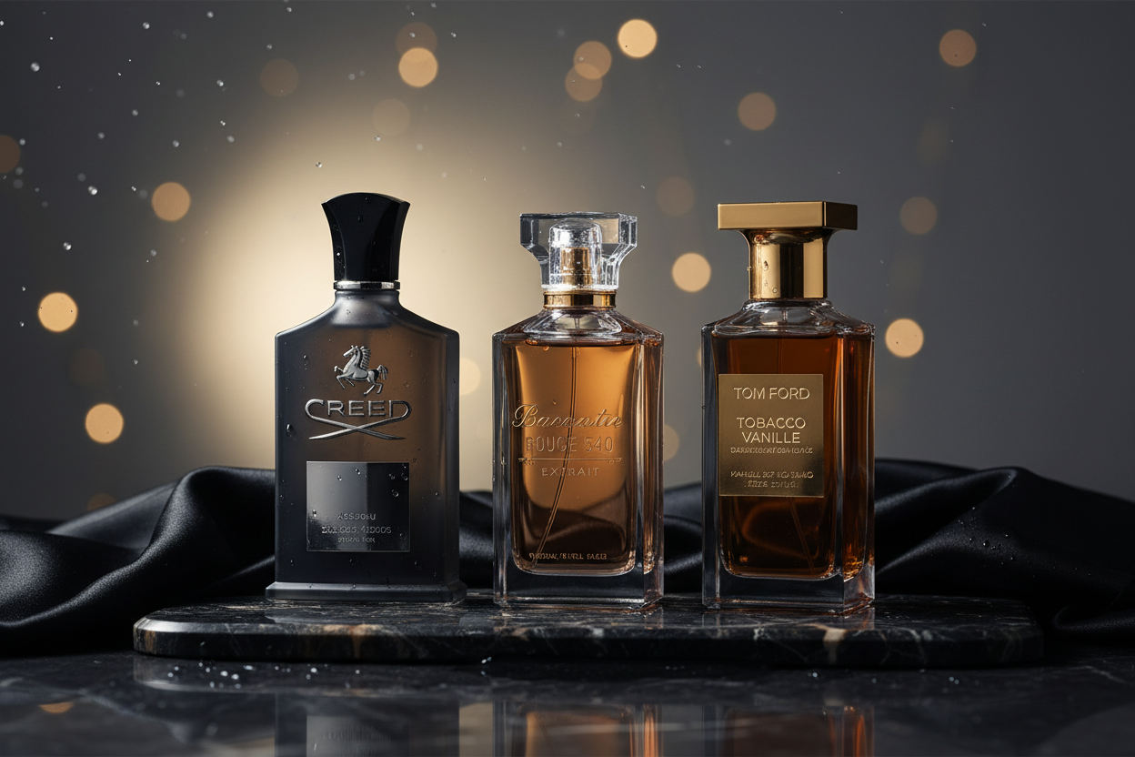 imagem elegante com 3 perfumes reais, creed aventus absolu, bacarat rouge extrait e tom ford tobacco vanille
